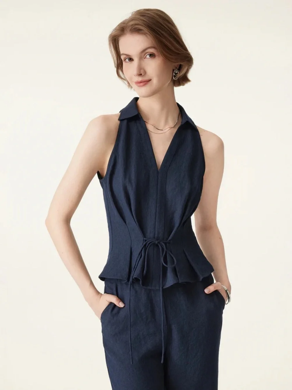 OGL Navy Collared V-neck Pleated Sleeveless Top with Drawstring Size Medium - Picture 1 of 3